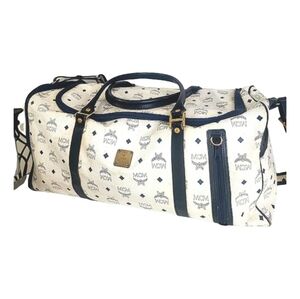 MCM Duffel Boston Traveler Trunk Bag w/ Long Strap Navy Blue White Duffle